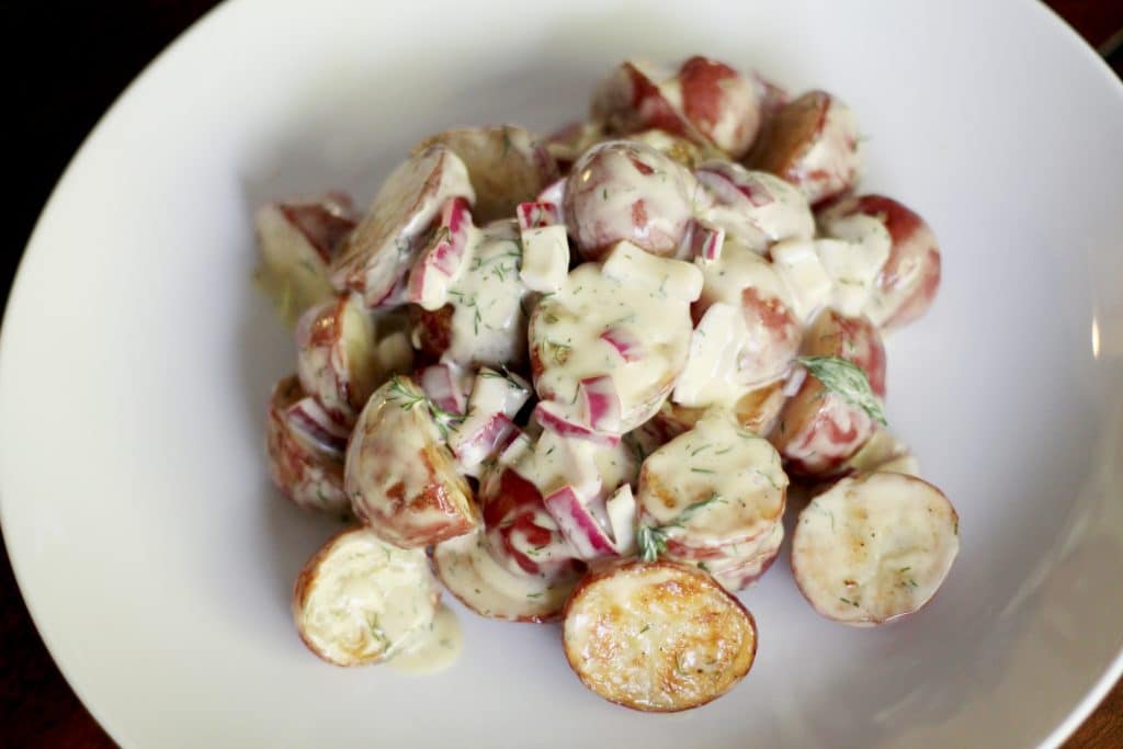Grilled potato salad with honey mustard and dill dressing