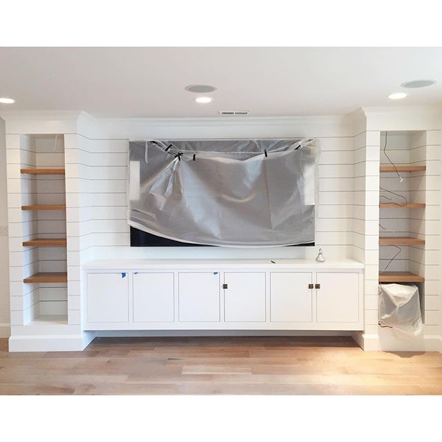A Diy Shiplapped Built In Entertainment, Diy Built In Tv Cabinet