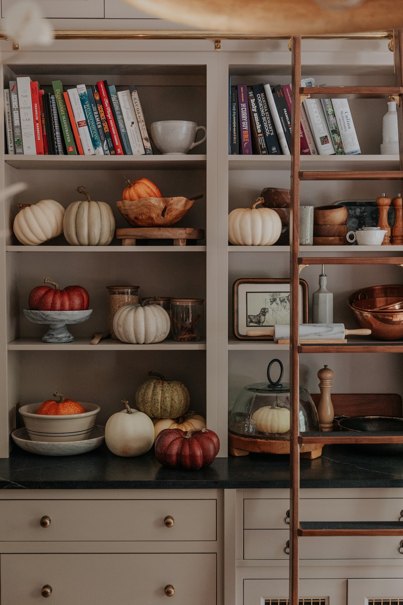 shelves decorated for fall