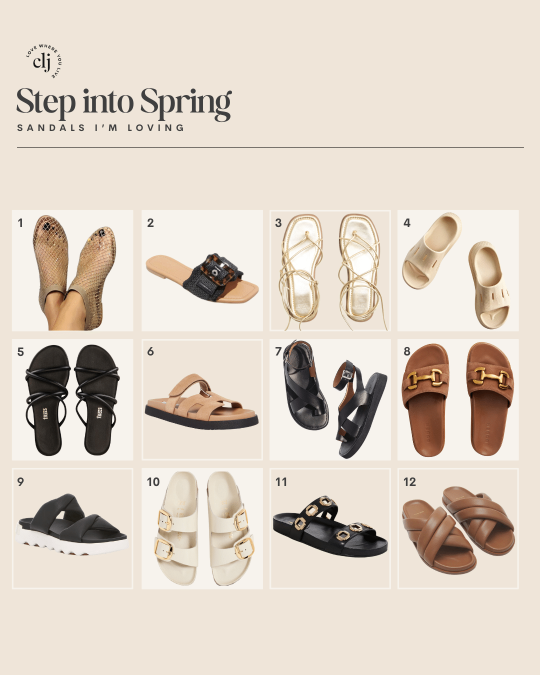 Chris Loves Julia | Round-up graphic of 12 spring sandals in brown, gold, black and ivory