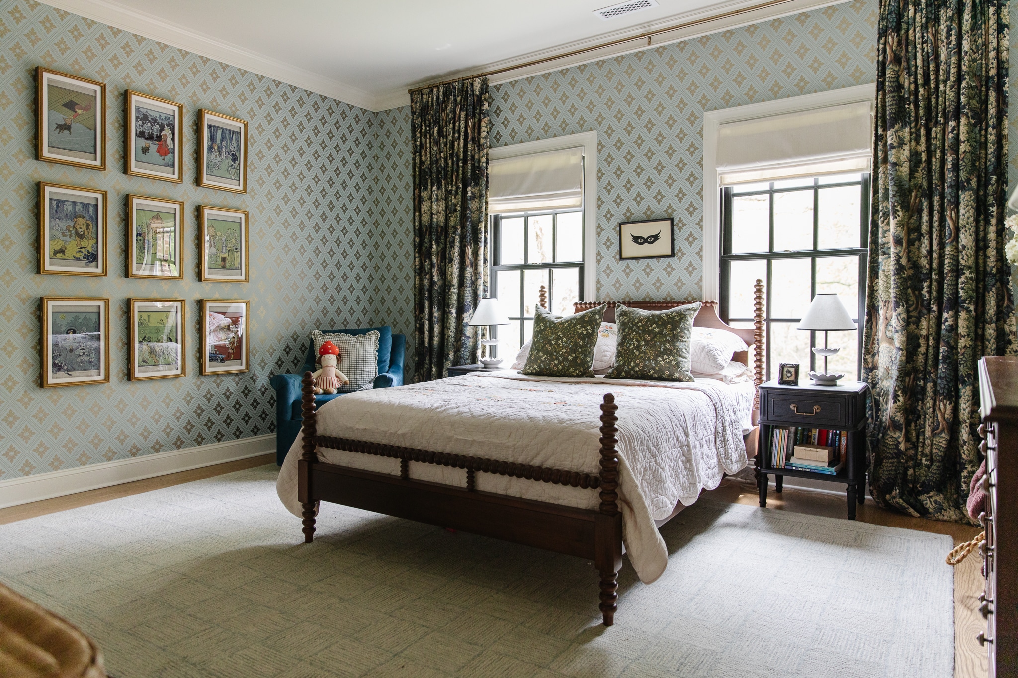 Chris Loves Julia | Faye's bedroom with teal blue wallpaper and turned wood bed