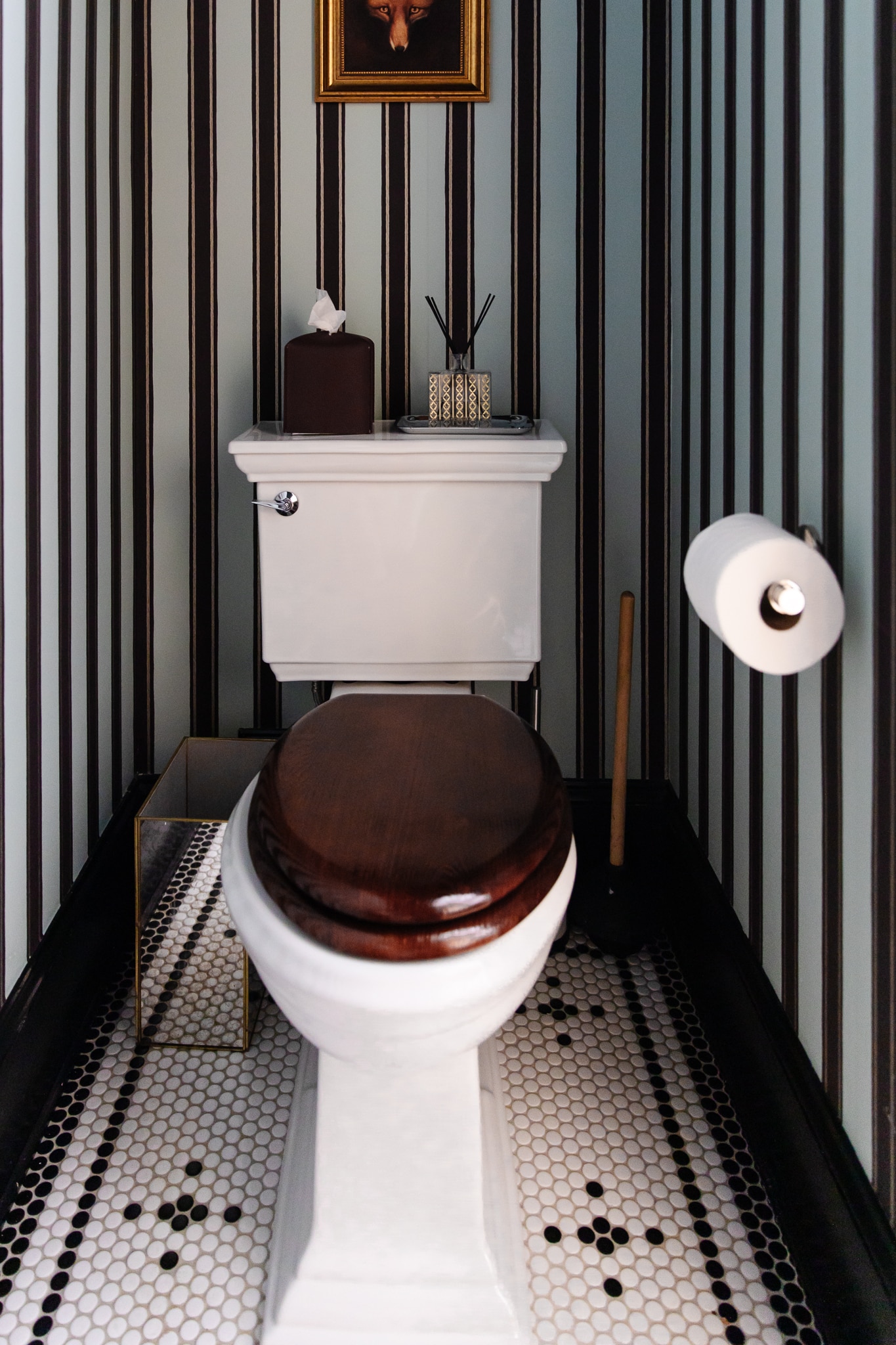 Chris Loves Julia | The powder room with blue and brown wallpaper