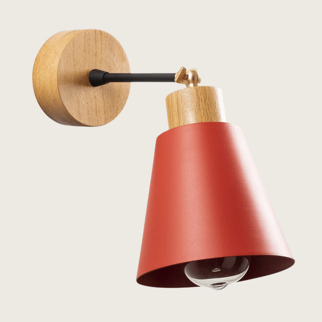 Red metal sconce with wood accents