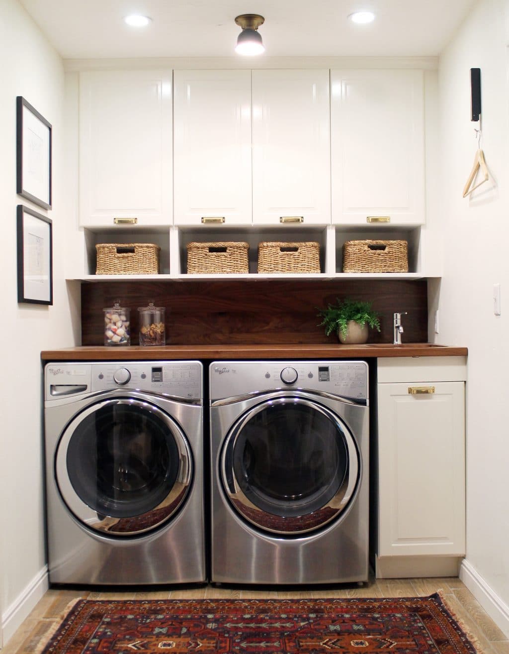 Chris Loves Julia laundry room cabinet hardware - antique brass bin pulls