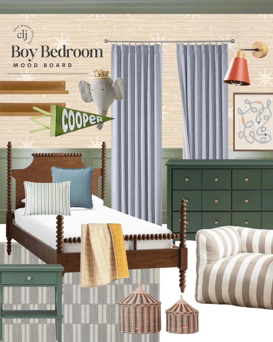 Mood Board: Boy Bedroom featuring forest green dresser, turned wood dark bed, blue drapes, tan wallpaper and complementary accents